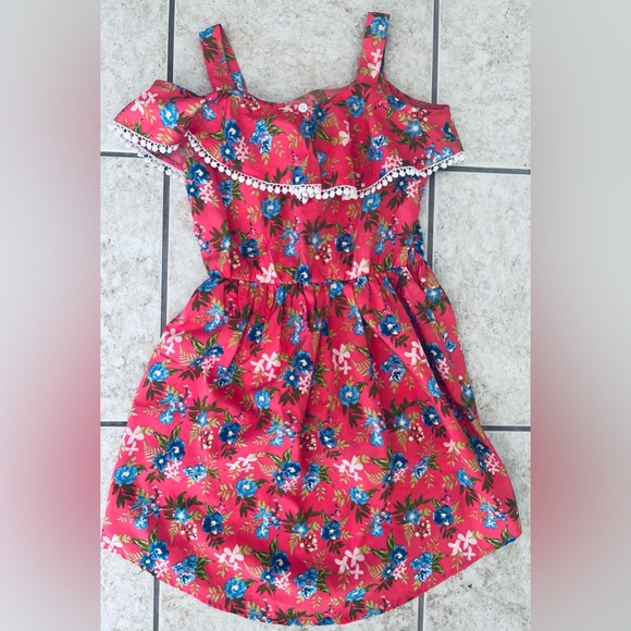 Little Lass colorful red orange floral print cold shoulder romper boho kids sz 5 - Picture 4 of 8